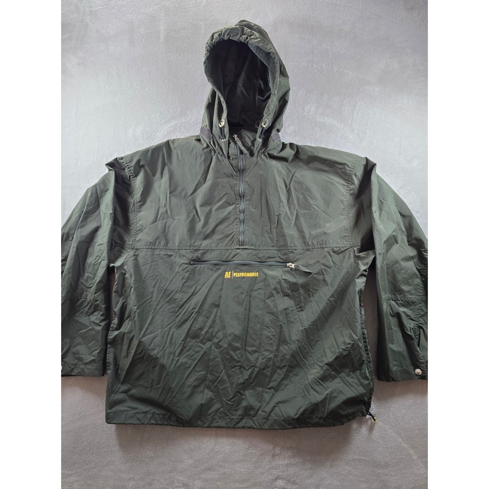 American Eagle Performance Anorak Windbreaker Mens L Green 1/4 Zip‎ Hooded Nylon
